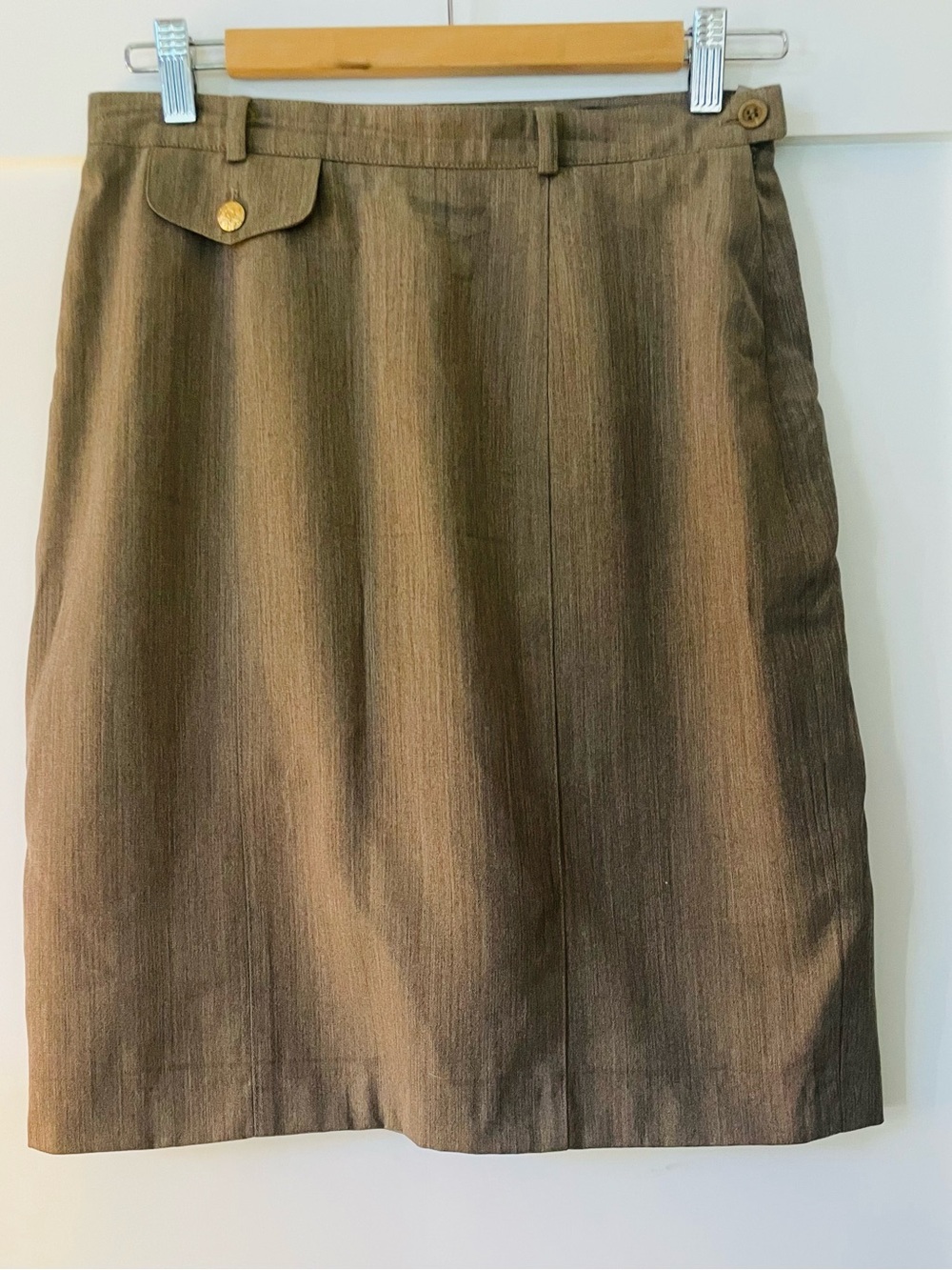 Escada Olive Brown Pencil Skirt with Gold Button Detail